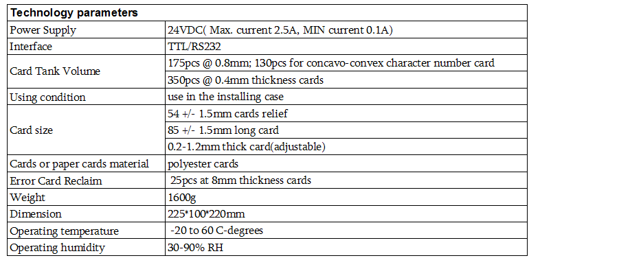 Parameter of card dispenser F1-1000